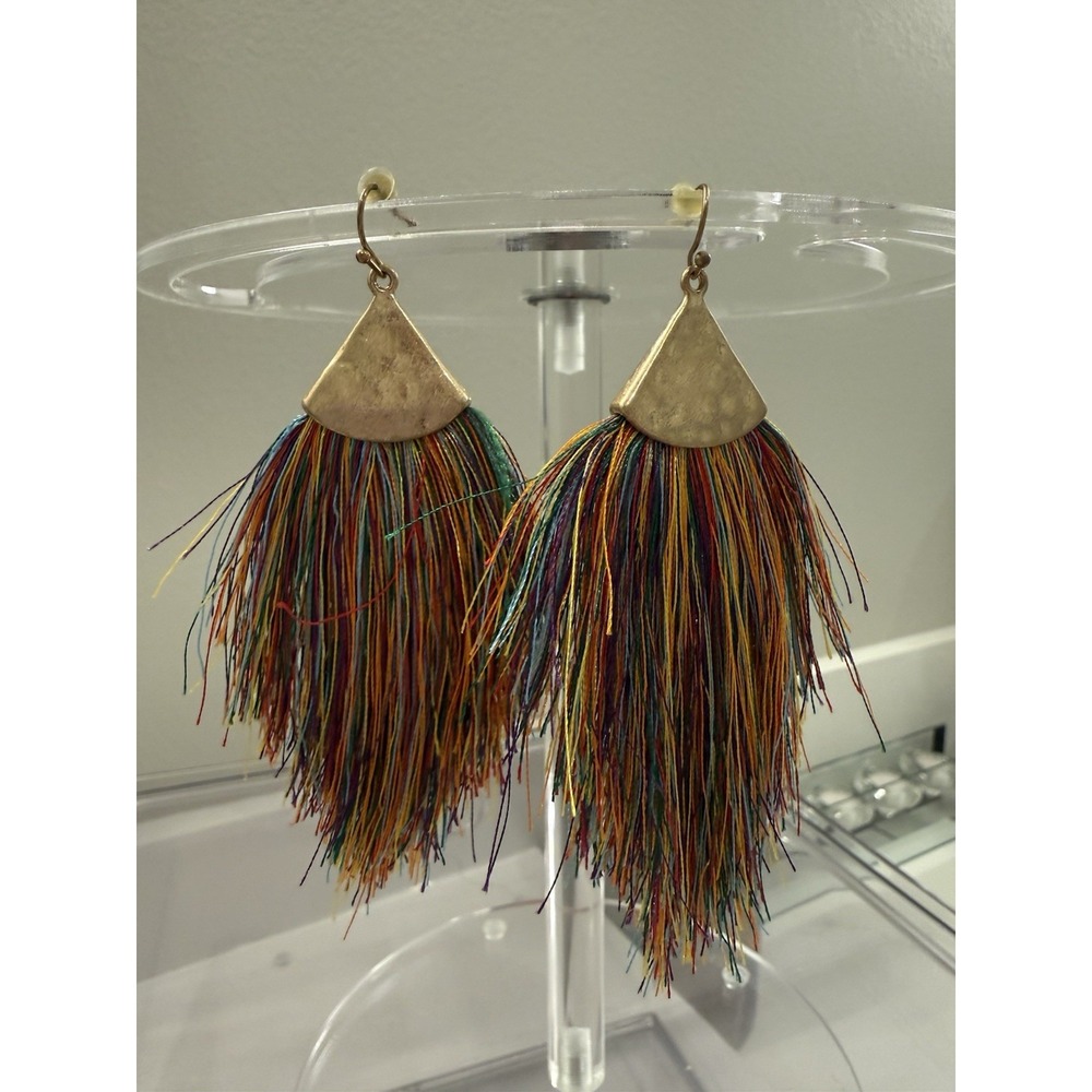 Boho Rainbow Tassel Statement Earrings Multicolor Fringe Lightweight Drop Dangle